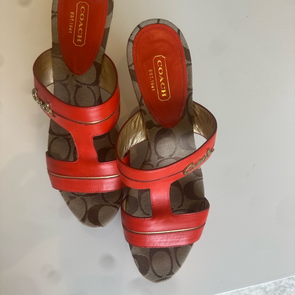 Coach Coral and Brown wood Platform Sandals